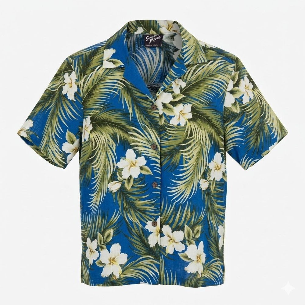 Shannon Marie Blue Floral Hawaiian Aloha Shirt Made in Hawaii 90s Tropical Small